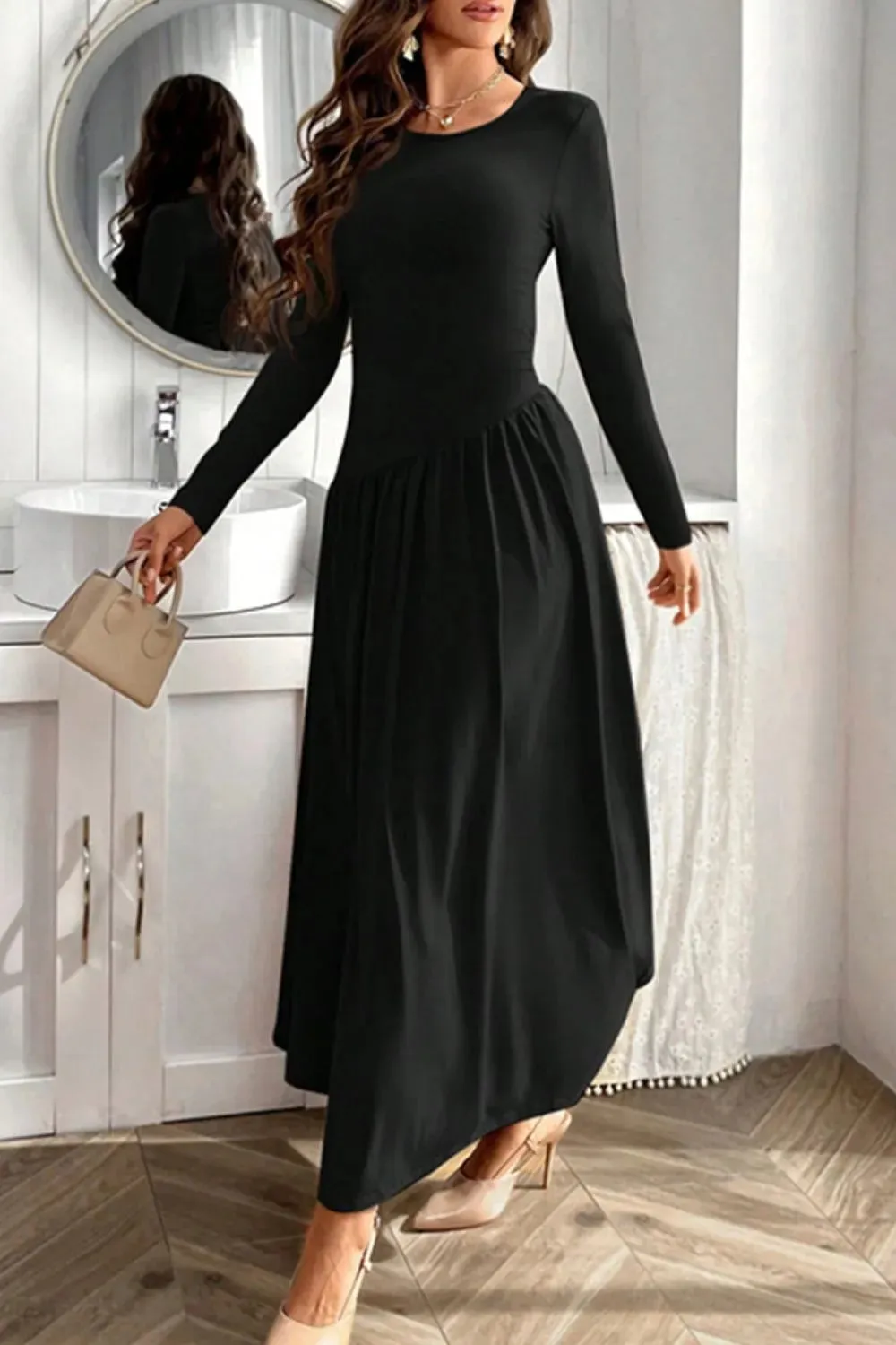 Ruched Round Neck Long Sleeve Dress sold by Gigi Laurent product image thumbnail 3