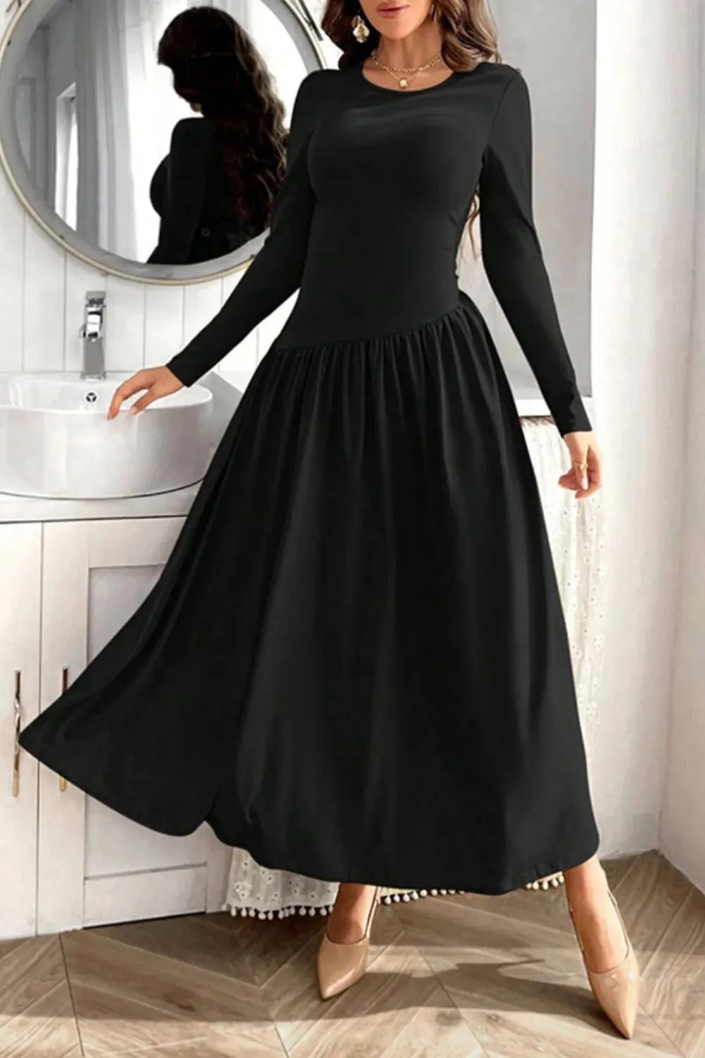 Ruched Round Neck Long Sleeve Dress sold by Gigi Laurent