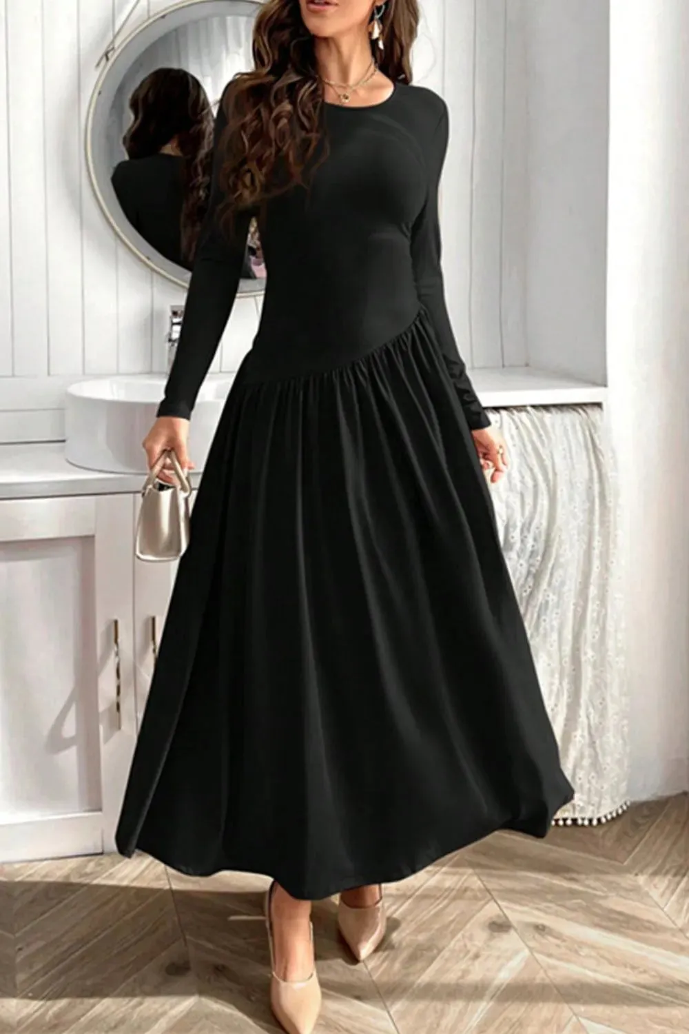 Ruched Round Neck Long Sleeve Dress sold by Gigi Laurent product image thumbnail 4