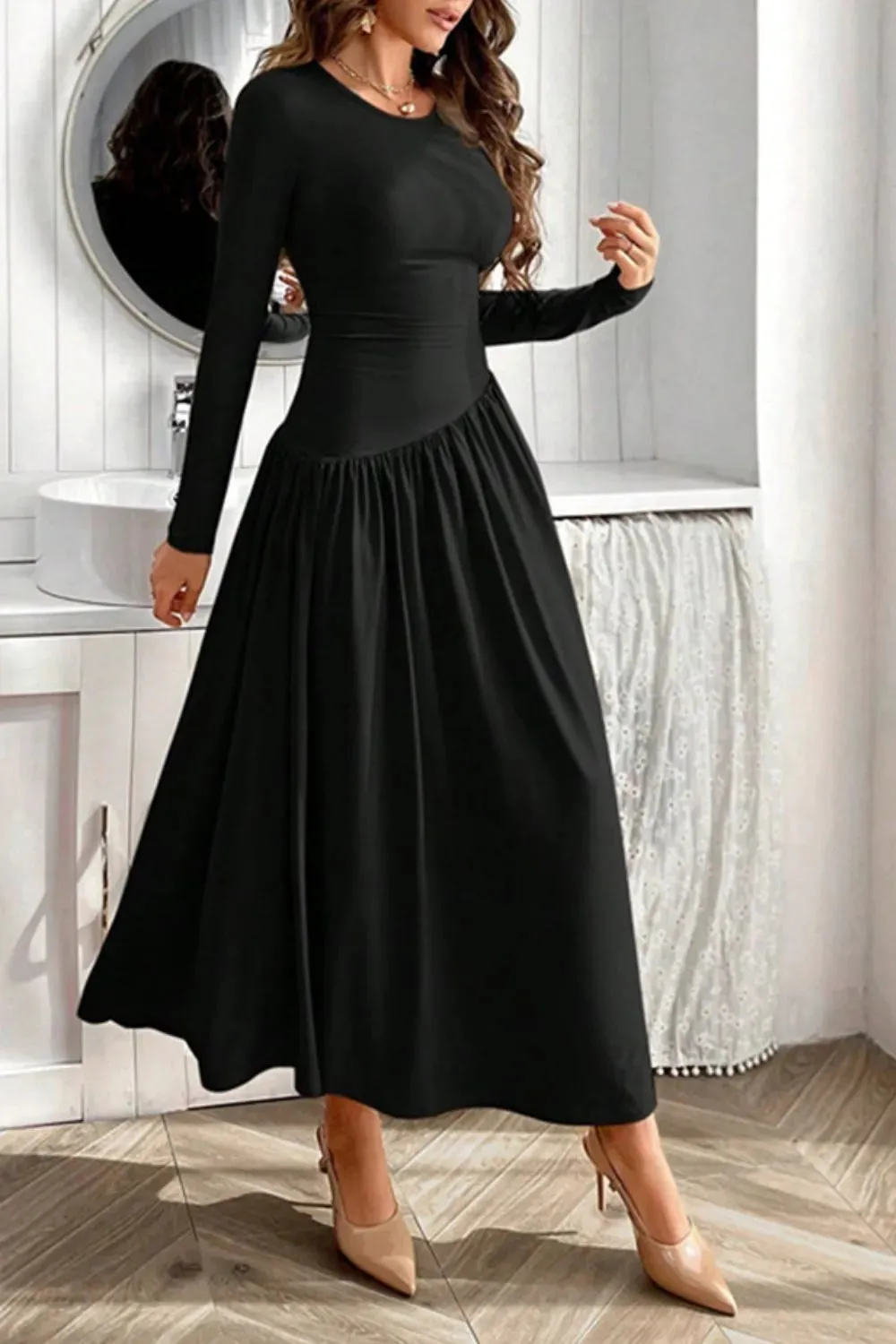 Ruched Round Neck Long Sleeve Dress sold by Gigi Laurent product image thumbnail 2