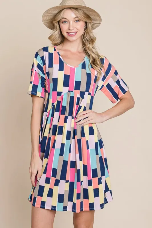BOMBOM Ruched Color Block Short Sleeve Mini Dress sold by Gigi Laurent