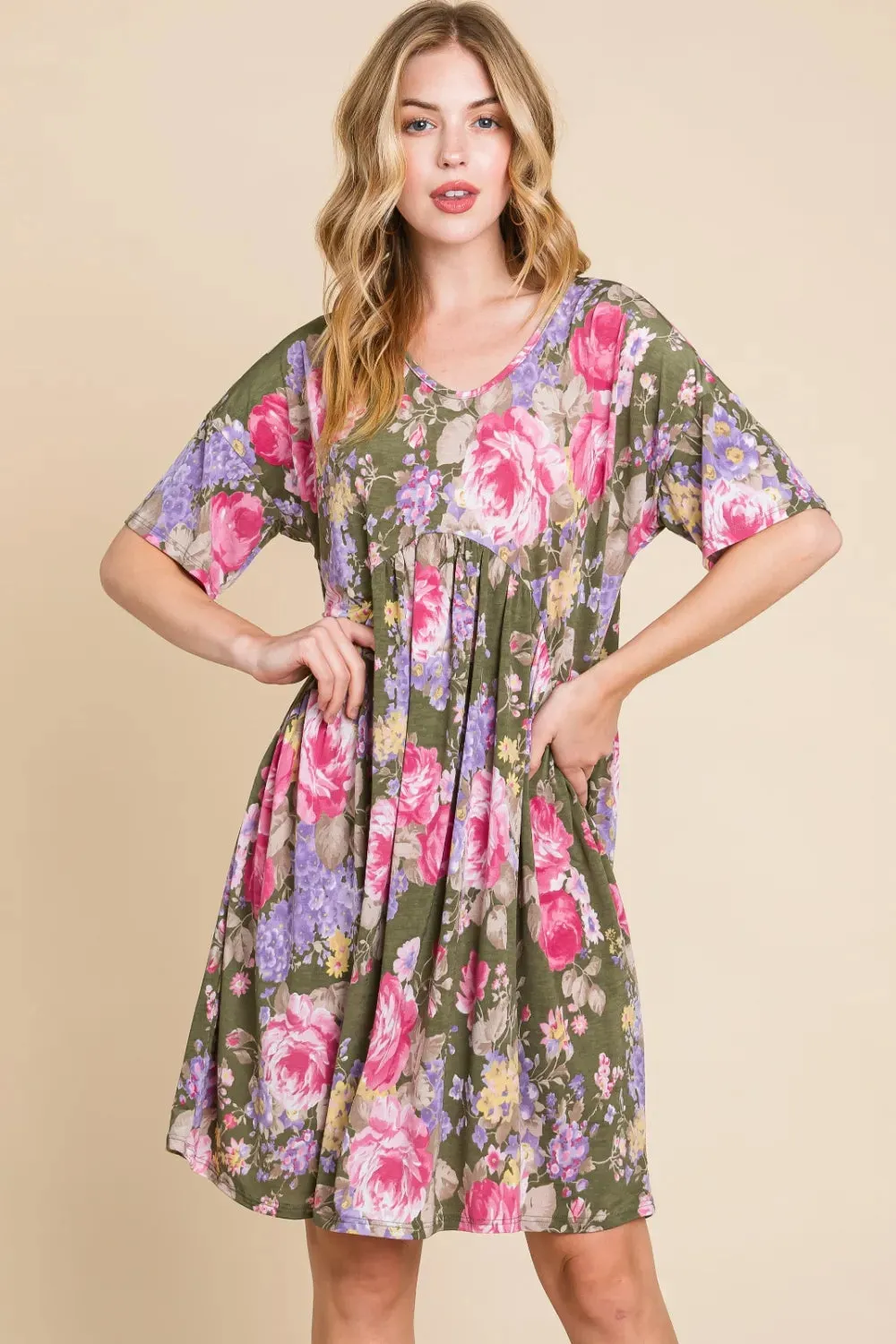 BOMBOM Flower Print V-Neck Ruched Dress sold by Gigi Laurent product image thumbnail 3