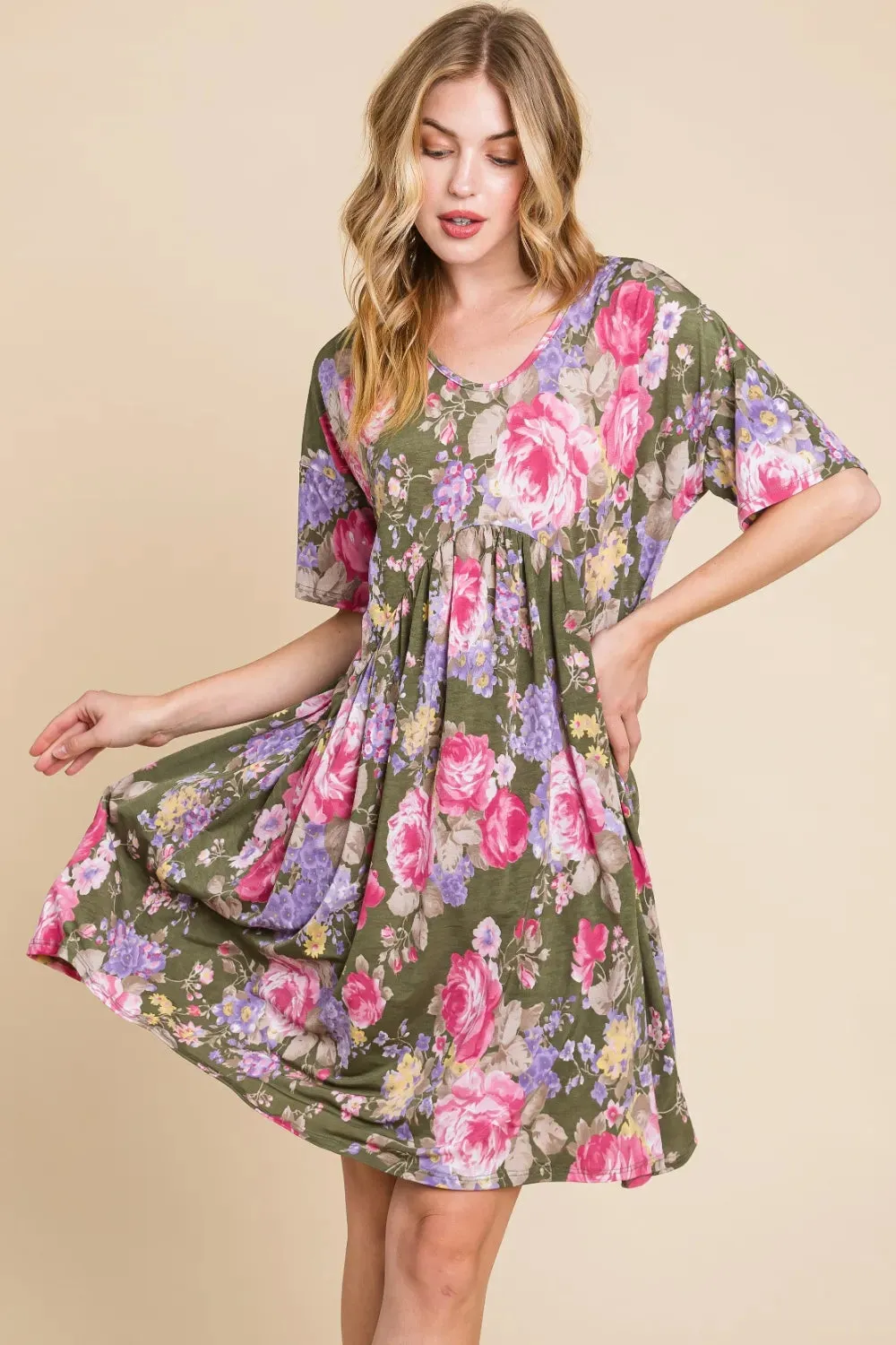 BOMBOM Flower Print V-Neck Ruched Dress sold by Gigi Laurent product image thumbnail 4