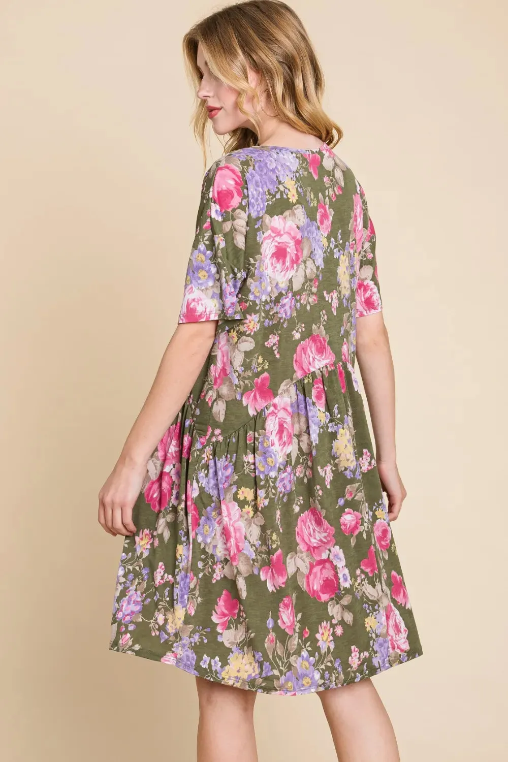 BOMBOM Flower Print V-Neck Ruched Dress sold by Gigi Laurent product image thumbnail 2
