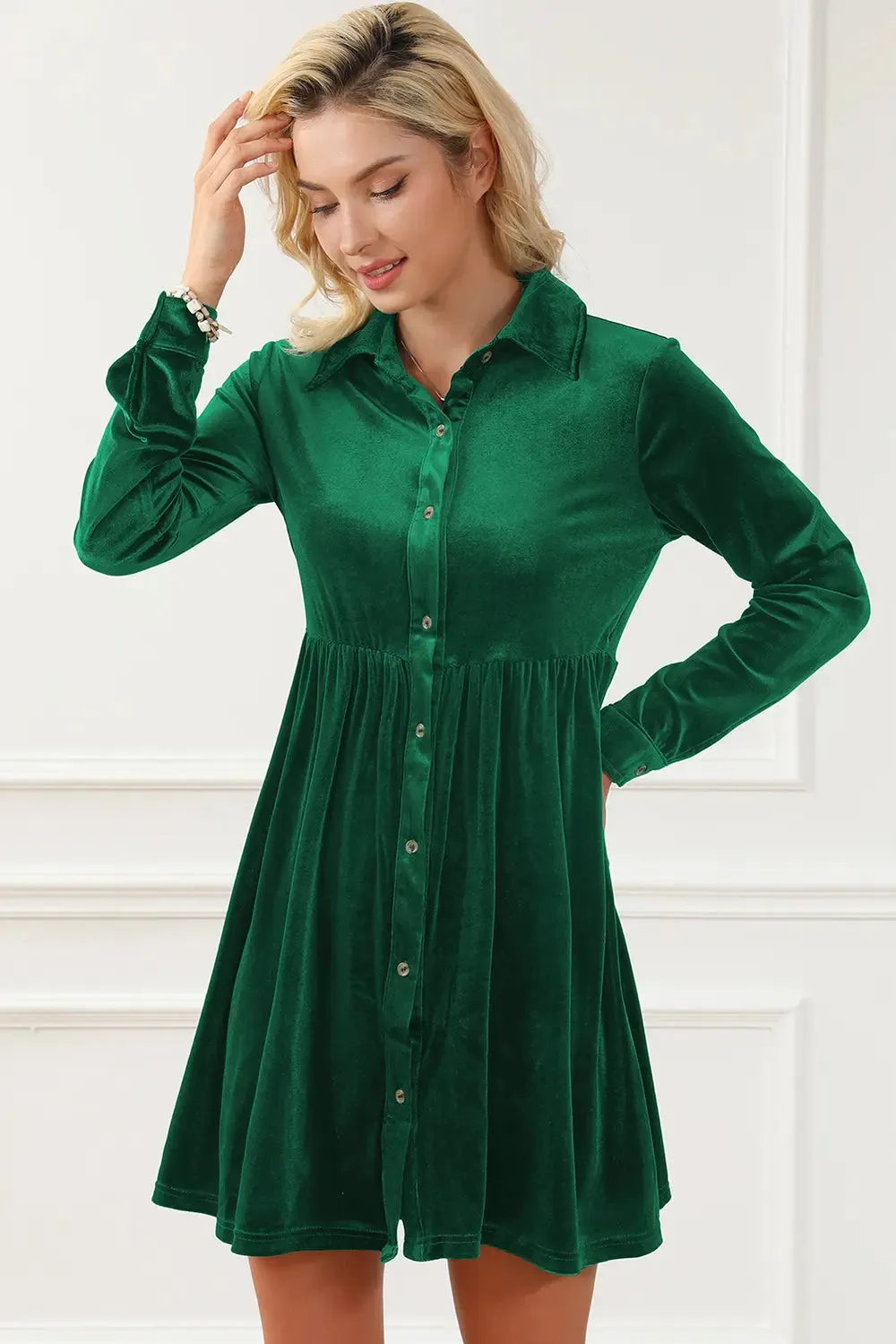 Ruched Button Up Collared Neck Long Sleeve Shirt Dress sold by Gigi Laurent product image thumbnail 2
