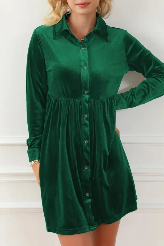 Ruched Button Up Collared Neck Long Sleeve Shirt Dress sold by Gigi Laurent