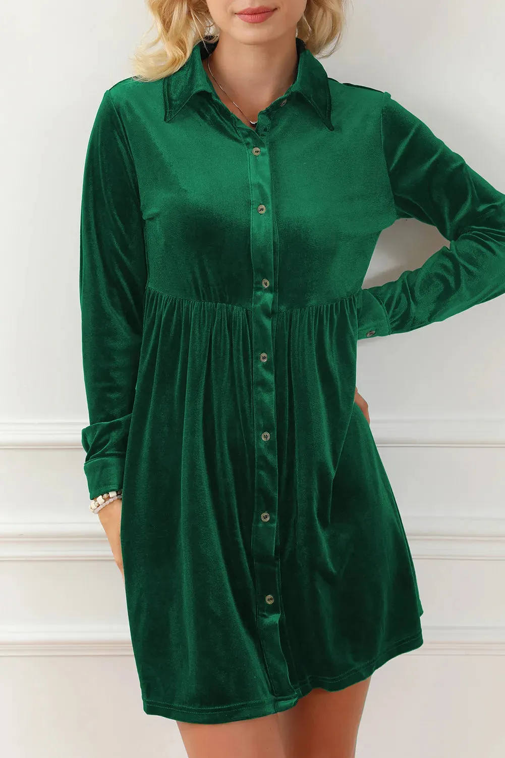 Ruched Button Up Collared Neck Long Sleeve Shirt Dress sold by Gigi Laurent