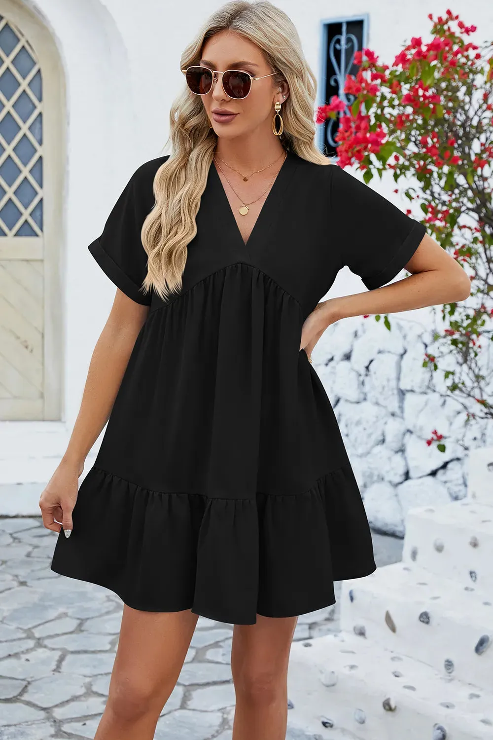 Ruched Tiered V-Neck Short Sleeve Mini Dress sold by Gigi Laurent product image thumbnail 5
