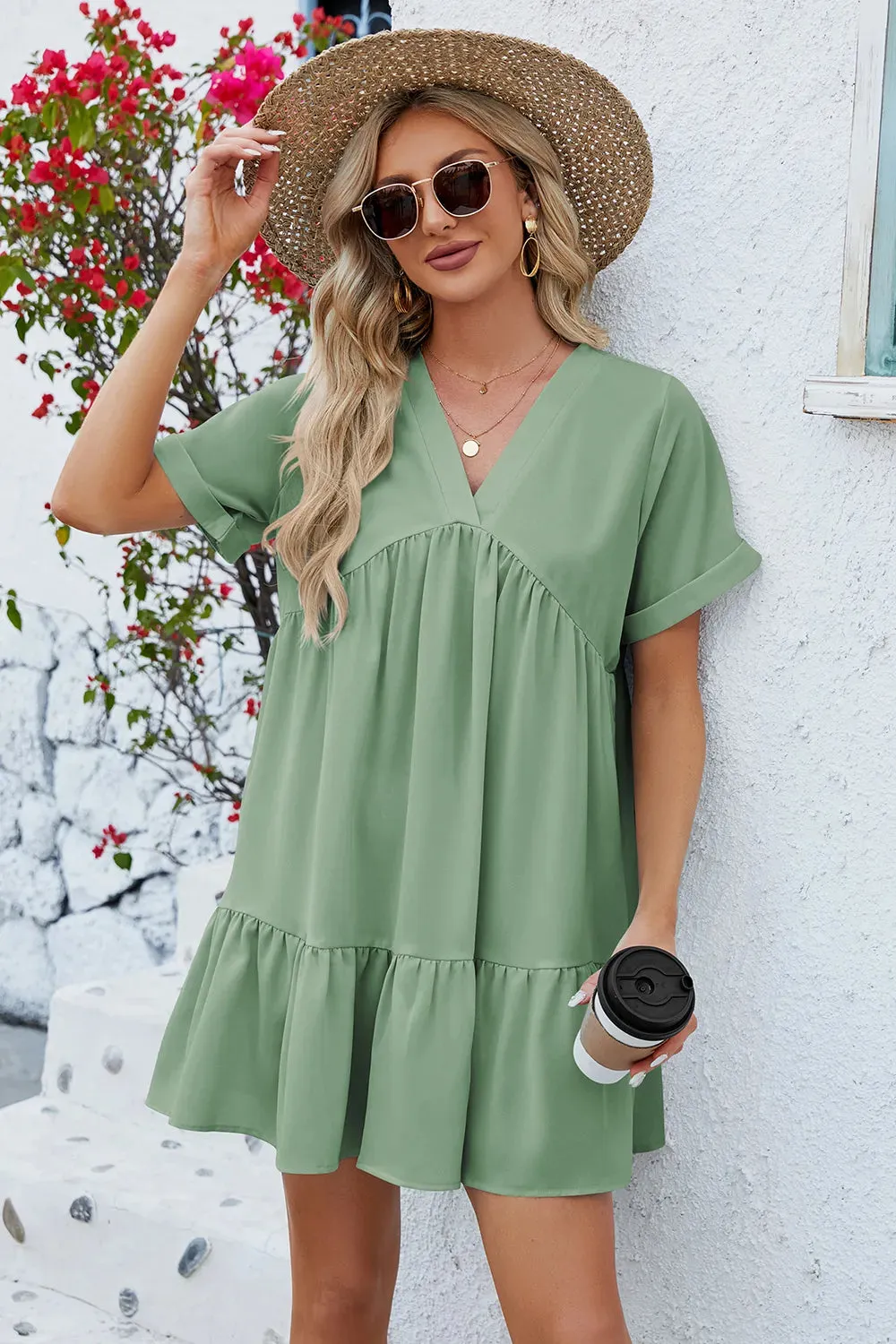 Ruched Tiered V-Neck Short Sleeve Mini Dress sold by Gigi Laurent product image thumbnail 4