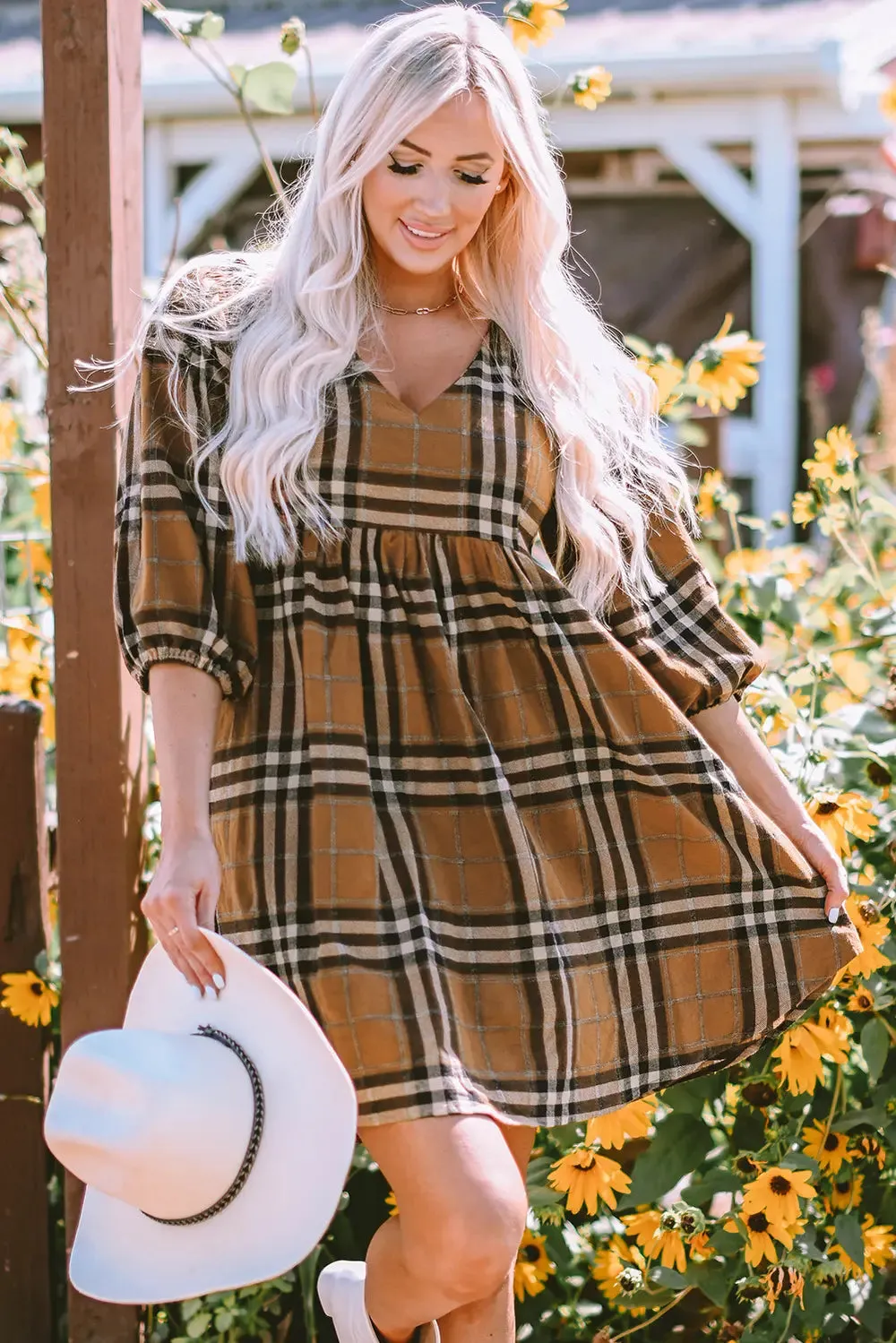 Plaid V-Neck Balloon Sleeve Dress sold by Gigi Laurent product image thumbnail 4