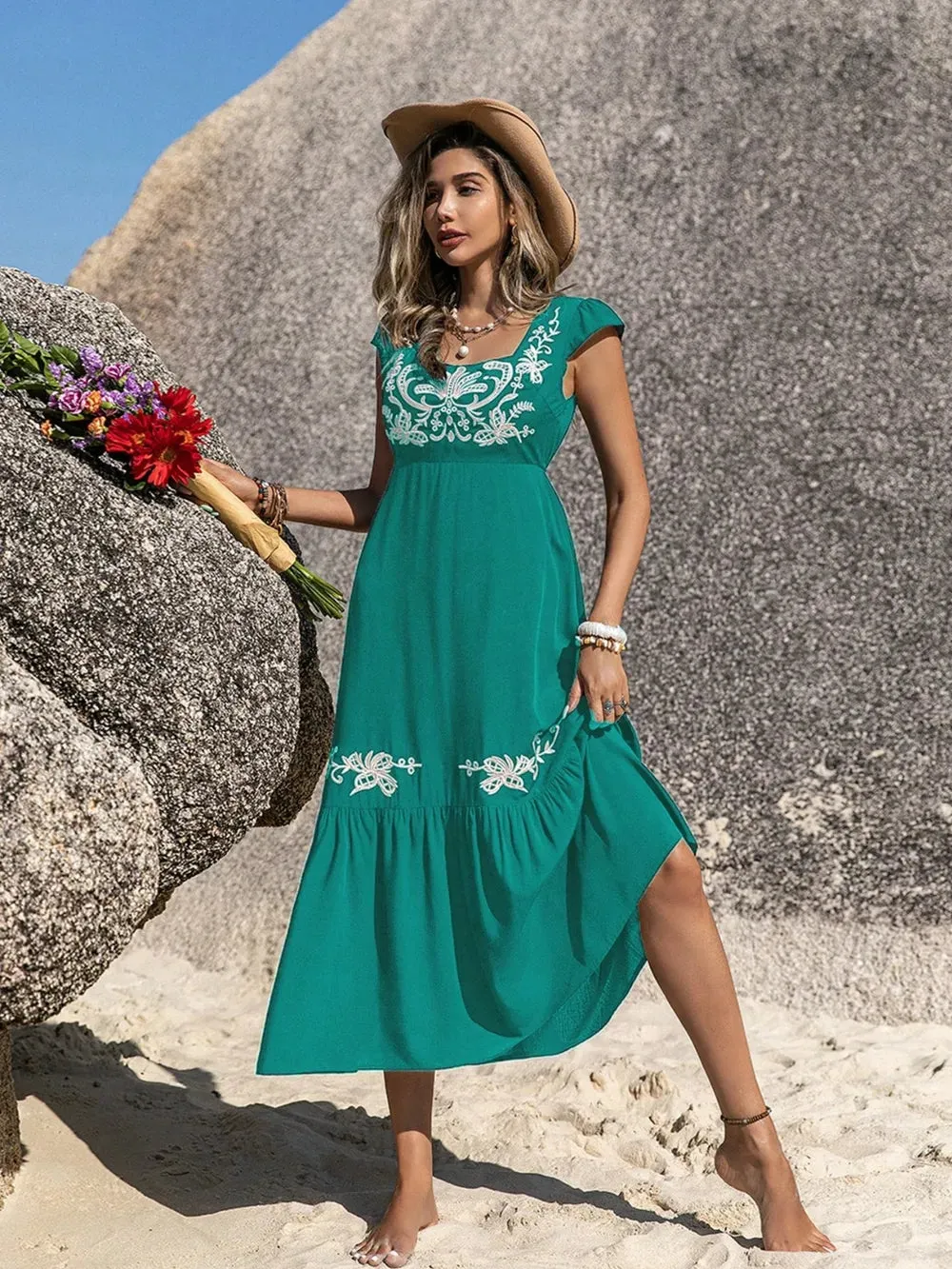 Embroidered Square Neck Cap Sleeve Dress sold by Gigi Laurent product image thumbnail 4