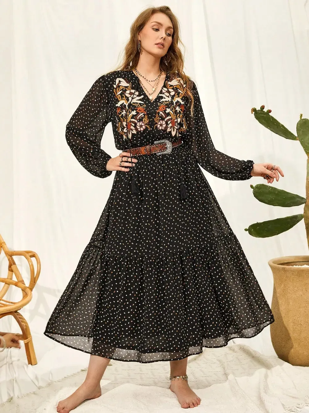 Plus Size Embroidered Tassel Balloon Sleeve Dress sold by Gigi Laurent product image thumbnail 3