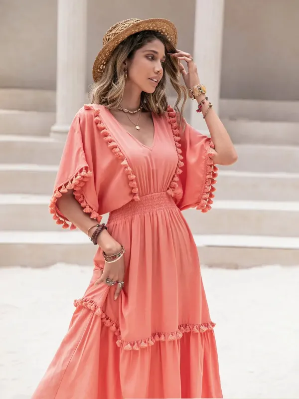 Tassel Trim Smocked V-Neck Short Sleeve Dress sold by Gigi Laurent