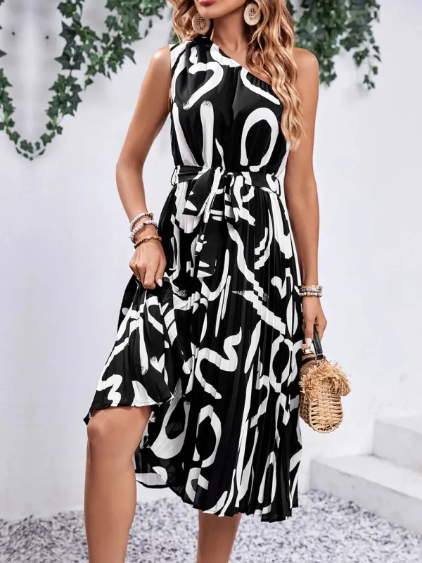 Perfee Printed Single Shoulder Tie Waist Dress sold by Gigi Laurent
