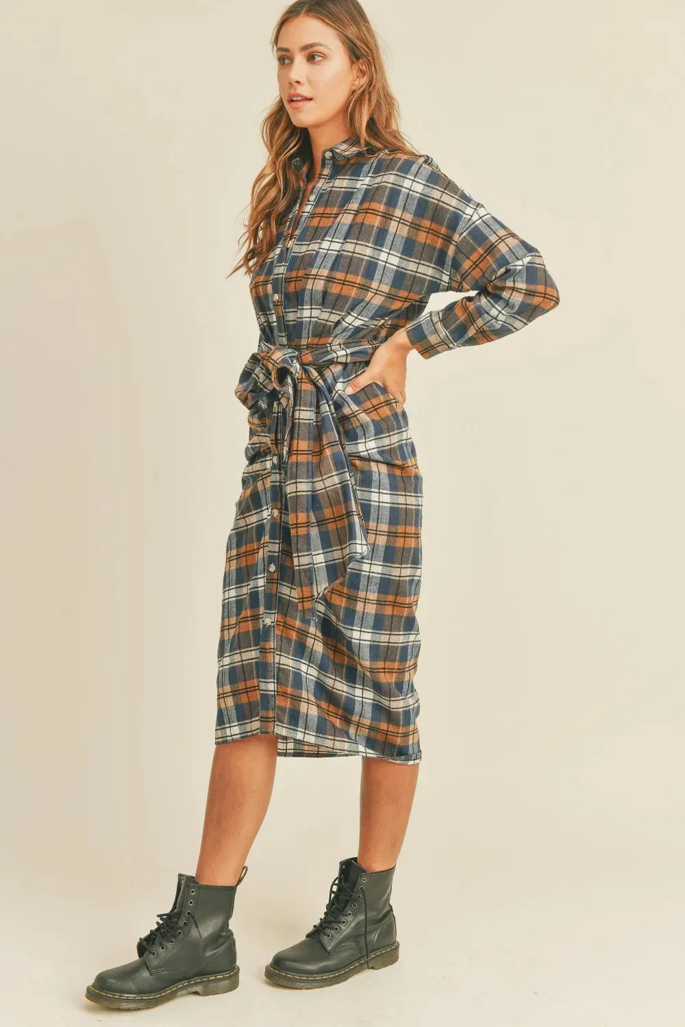 Mable Plaid Flannel Front Tie Button Down Shirt Dress sold by Gigi Laurent product image thumbnail 3