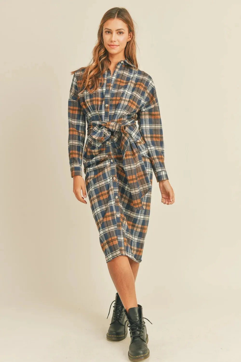 Mable Plaid Flannel Front Tie Button Down Shirt Dress sold by Gigi Laurent product image thumbnail 5