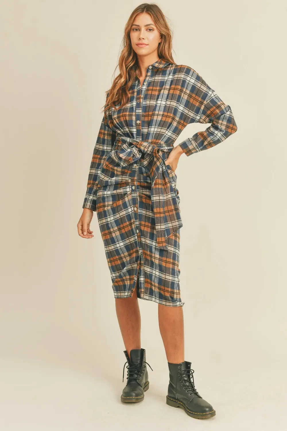 Mable Plaid Flannel Front Tie Button Down Shirt Dress sold by Gigi Laurent