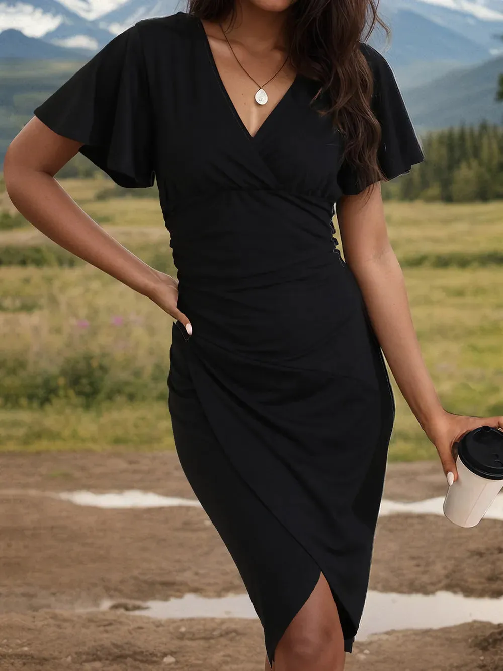 Perfee Ruched Surplice Short Sleeve Dress sold by Gigi Laurent product image thumbnail 4