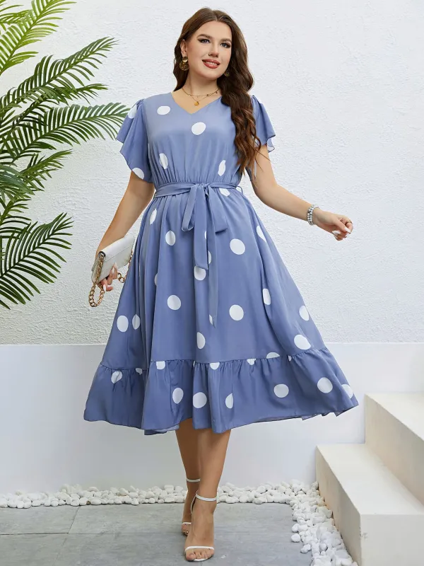 Honey Polka Dot Belted Flutter Sleeve Ruffle Hem Dress sold by Gigi Laurent