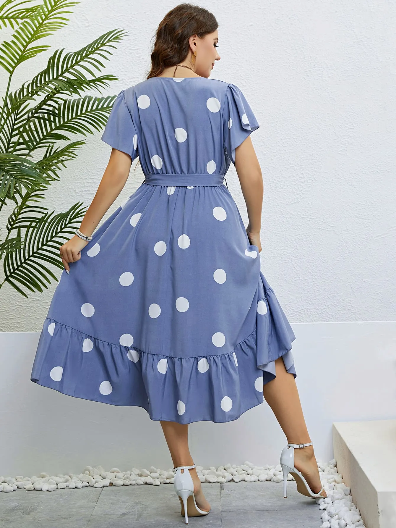 Honey Polka Dot Belted Flutter Sleeve Ruffle Hem Dress sold by Gigi Laurent product image thumbnail 2