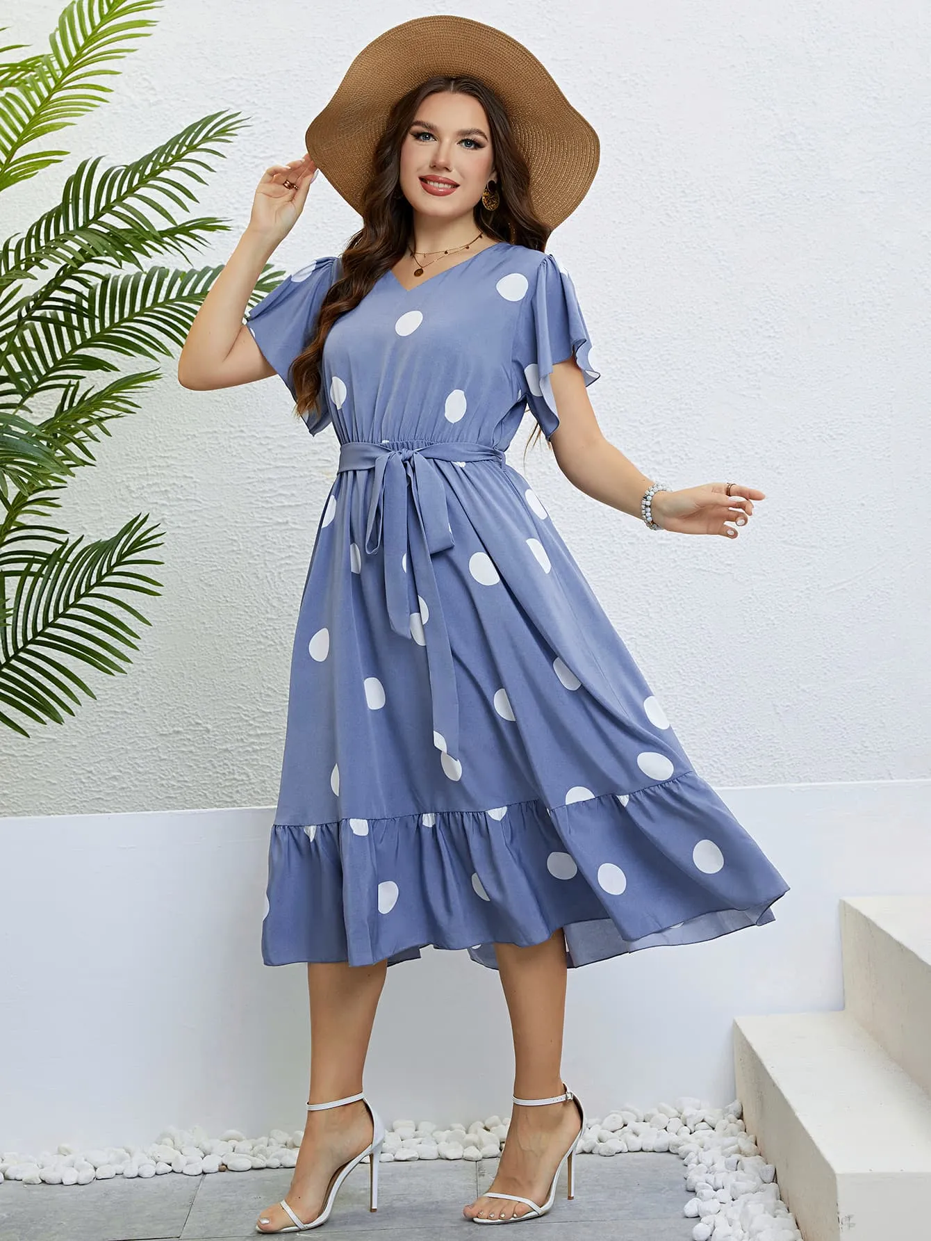 Honey Polka Dot Belted Flutter Sleeve Ruffle Hem Dress sold by Gigi Laurent product image thumbnail 3