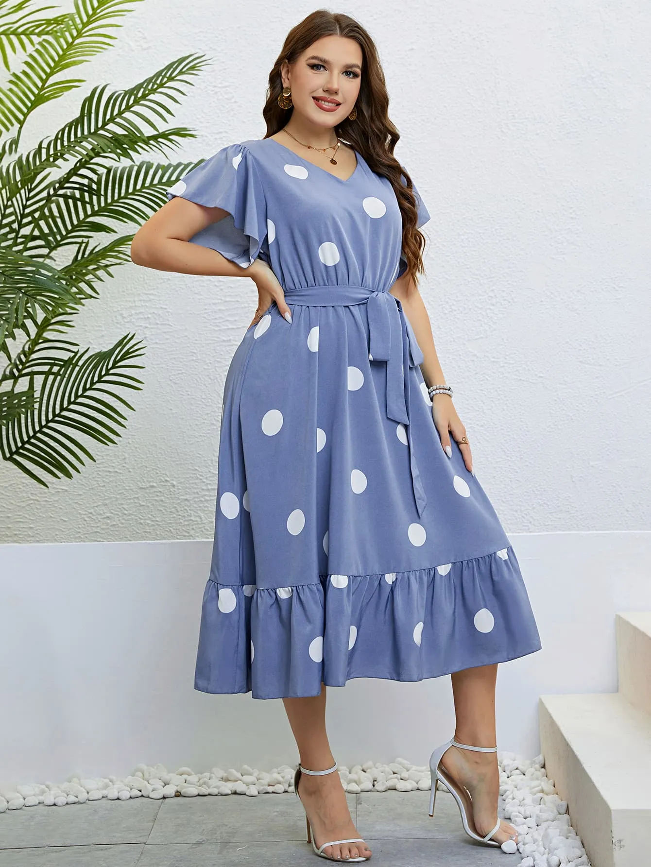 Honey Polka Dot Belted Flutter Sleeve Ruffle Hem Dress sold by Gigi Laurent product image thumbnail 4