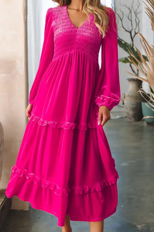 Frill V-Neck Balloon Sleeve Tiered Dress sold by Gigi Laurent
