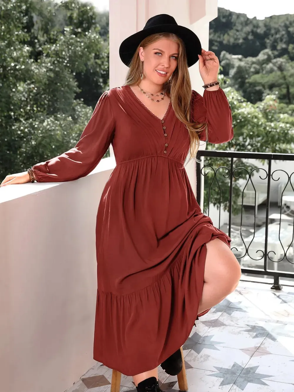 Plus Size Quarter Button V-Neck Long Sleeve Dress sold by Gigi Laurent product image thumbnail 3