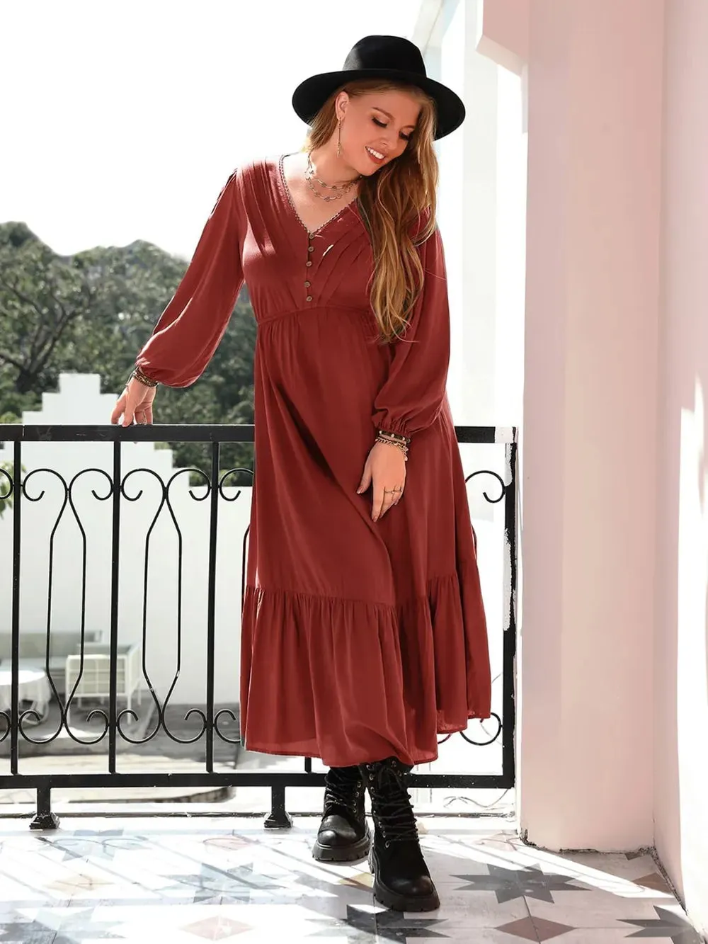 Plus Size Quarter Button V-Neck Long Sleeve Dress sold by Gigi Laurent product image thumbnail 4