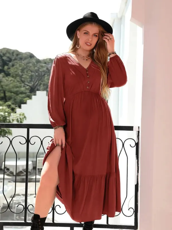 Plus Size Quarter Button V-Neck Long Sleeve Dress sold by Gigi Laurent