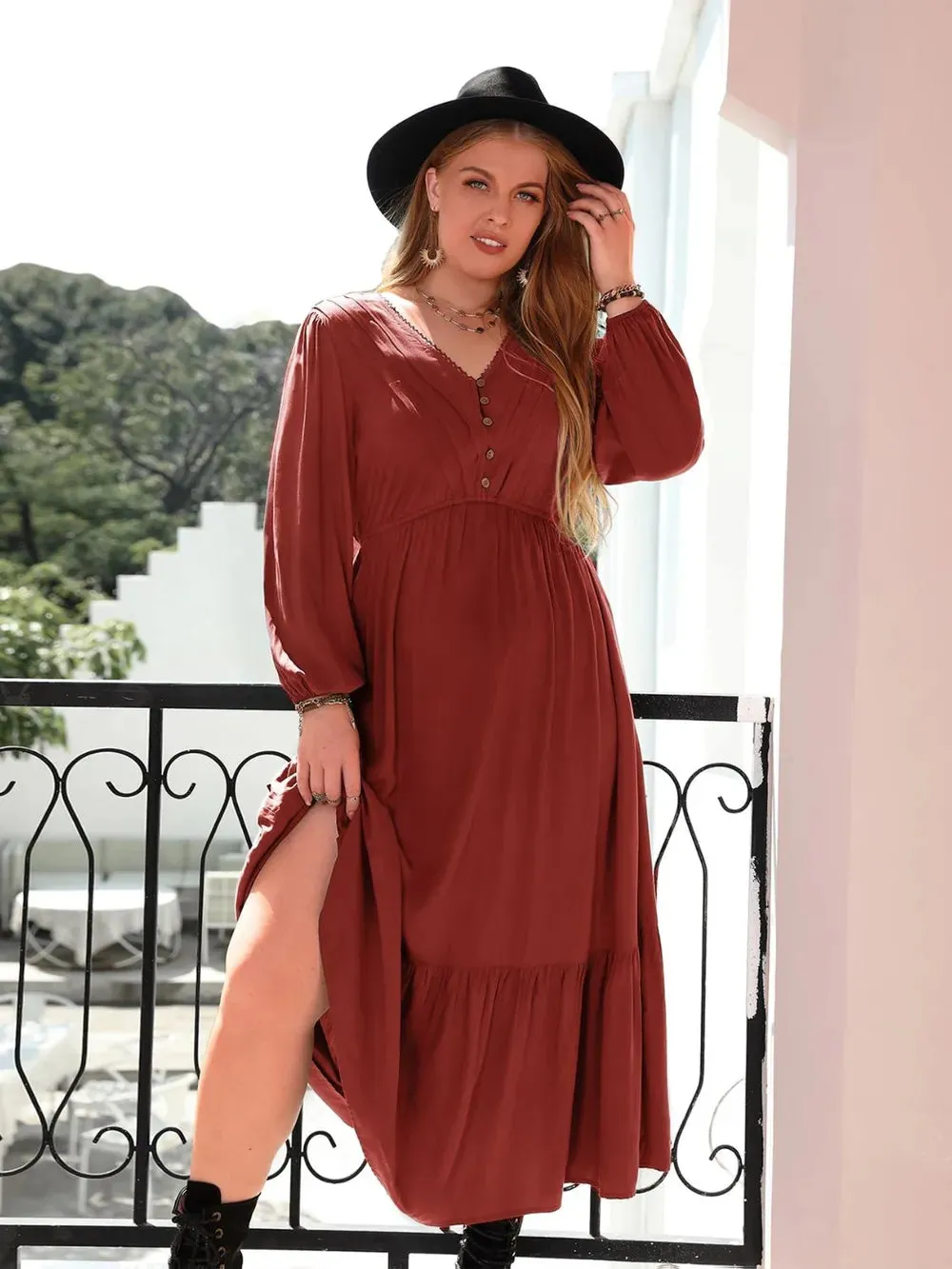 Plus Size Quarter Button V-Neck Long Sleeve Dress sold by Gigi Laurent