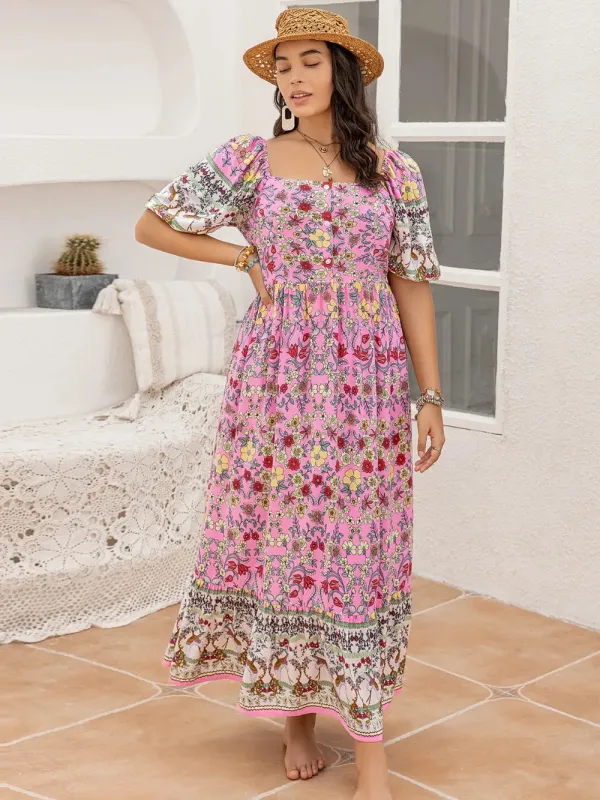 Plus Size Printed Square Neck Ruffle Hem Dress sold by Gigi Laurent