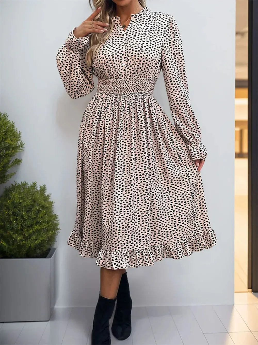 Perfee Ruched Ruffled Leopard Long Sleeve Dress sold by Gigi Laurent product image thumbnail 4
