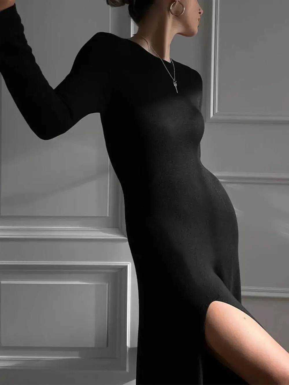 Side Slit Round Neck Long Sleeve Dress sold by Gigi Laurent product image thumbnail 5
