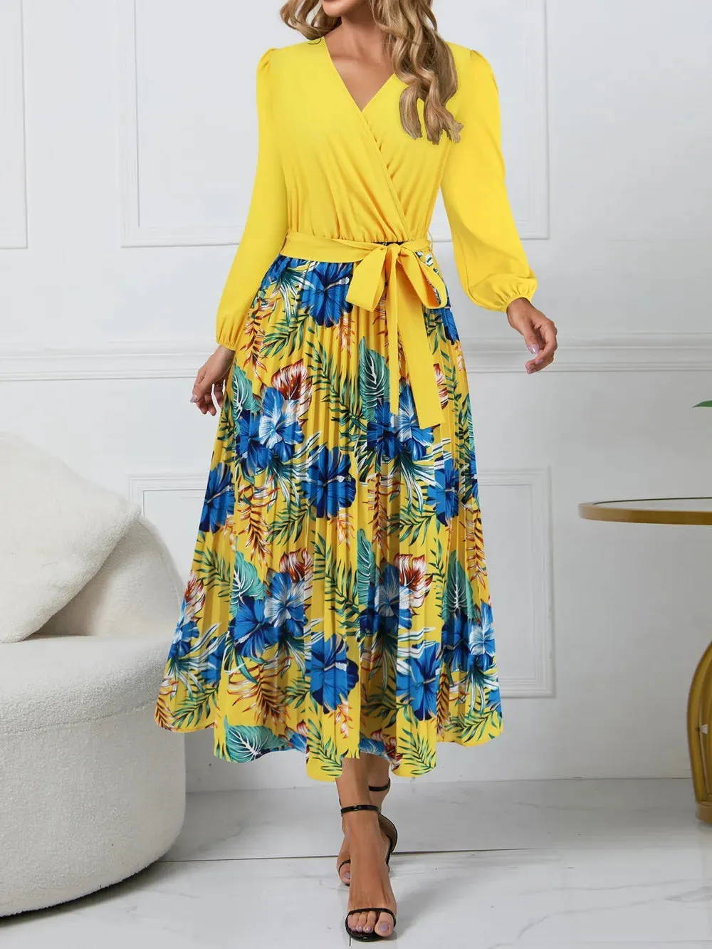Pleated Printed Surplice Long Sleeve Dress sold by Gigi Laurent product image thumbnail 3