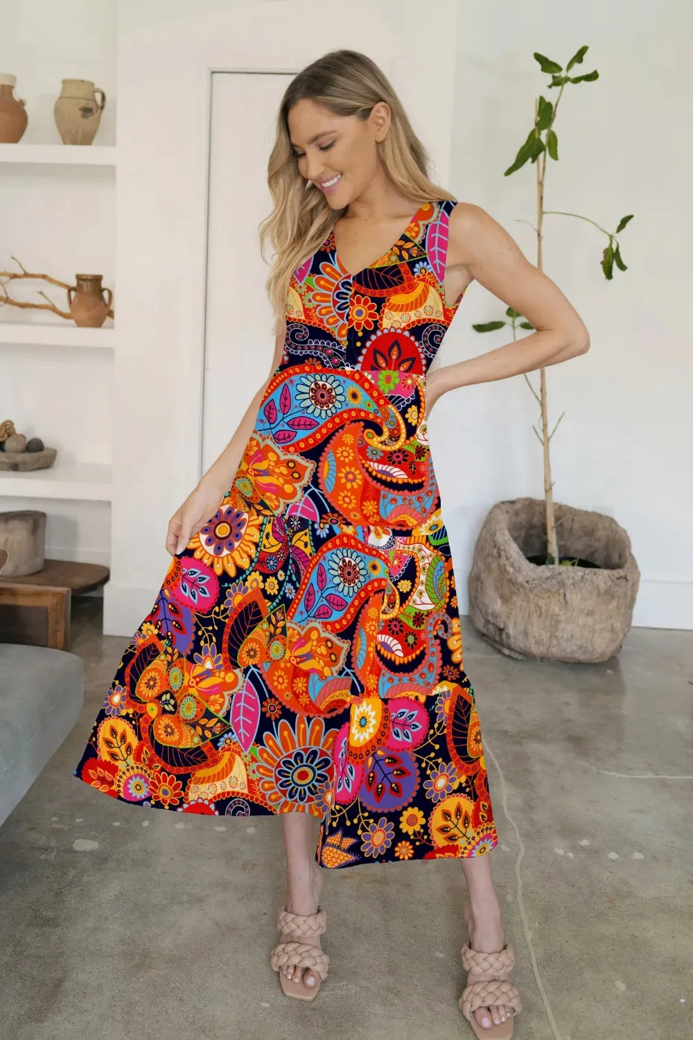 FAM-FAM Tiered Printed V-Neck Sleeveless Dress sold by Gigi Laurent