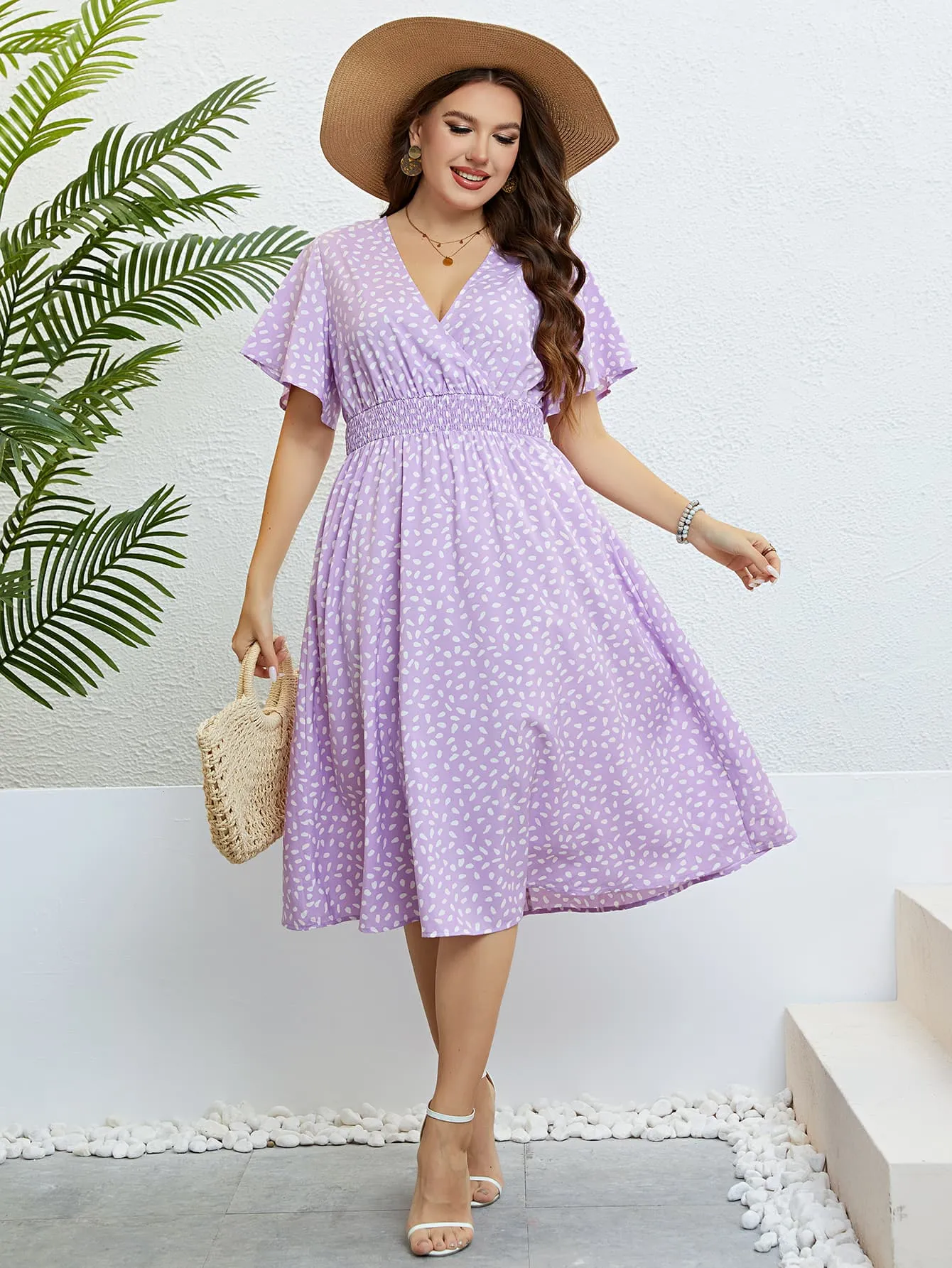 Honey Plus Size Printed Smocked Waist Surplice Dress sold by Gigi Laurent