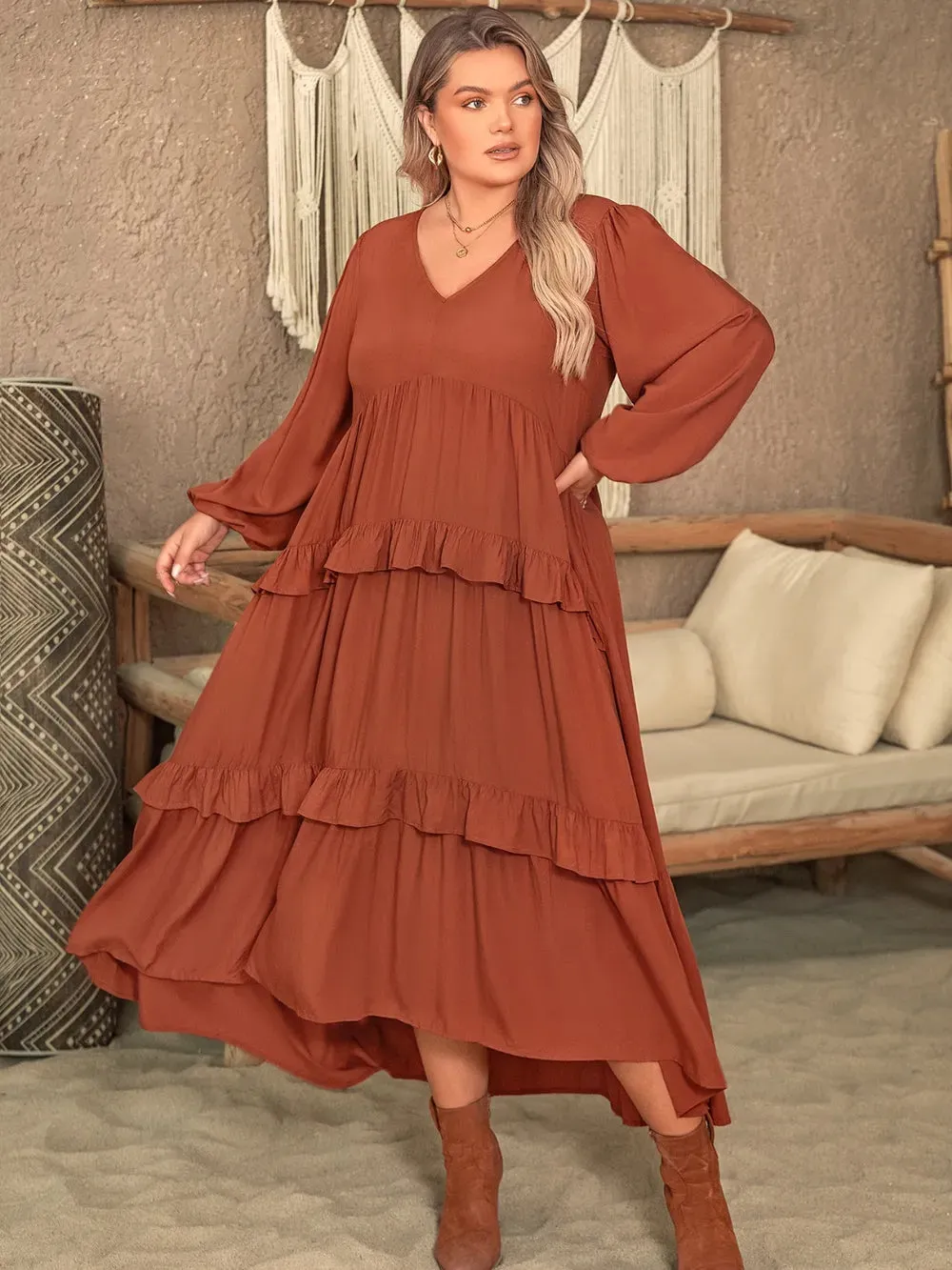 Plus Size Ruffled V-Neck Balloon Sleeve Dress sold by Gigi Laurent product image thumbnail 4