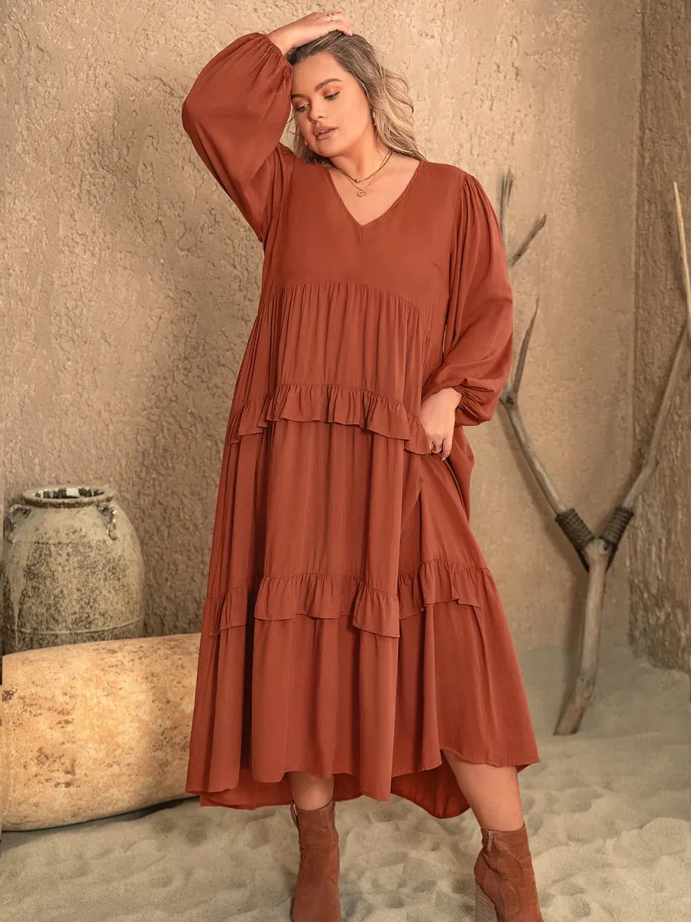 Plus Size Ruffled V-Neck Balloon Sleeve Dress sold by Gigi Laurent