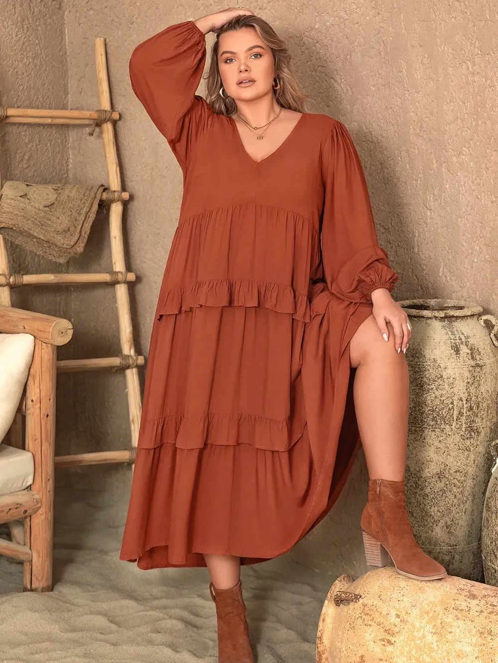 Plus Size Ruffled V-Neck Balloon Sleeve Dress sold by Gigi Laurent product image thumbnail 3