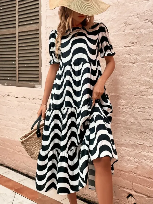 Wavy Striped Round Neck Short Sleeve Dress sold by Gigi Laurent