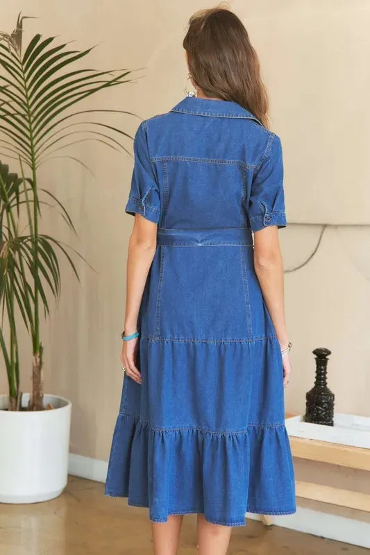 ADORA Tiered Button Down Tie Waist Short Sleeve Denim Dress sold by Gigi Laurent product image thumbnail 4