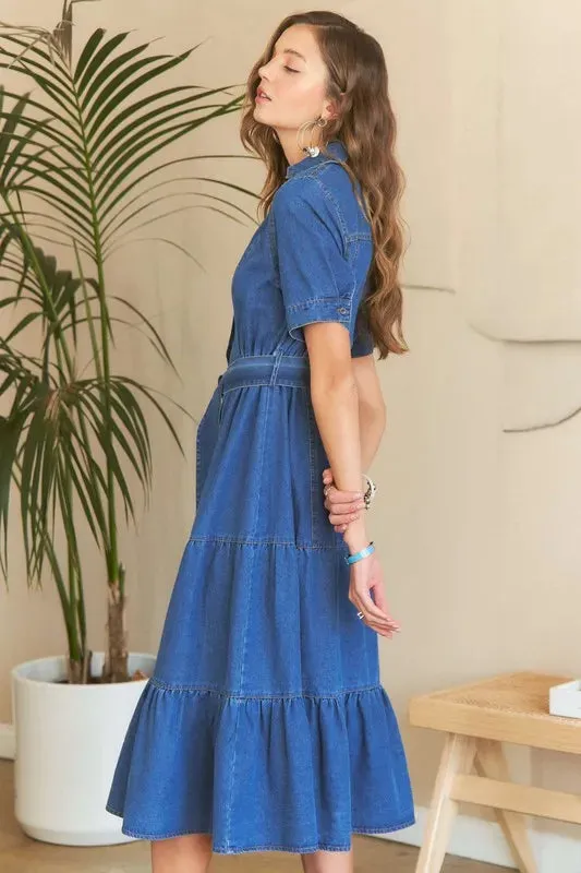 ADORA Tiered Button Down Tie Waist Short Sleeve Denim Dress sold by Gigi Laurent product image thumbnail 3
