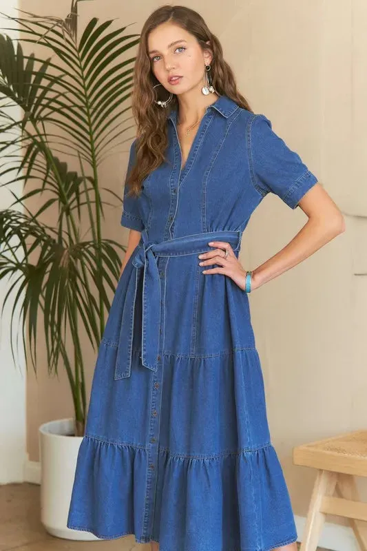 ADORA Tiered Button Down Tie Waist Short Sleeve Denim Dress sold by Gigi Laurent