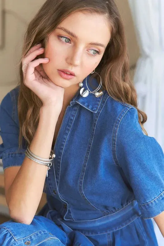 ADORA Tiered Button Down Tie Waist Short Sleeve Denim Dress sold by Gigi Laurent product image thumbnail 5