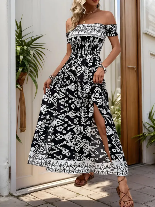Perfee Slit Printed Off-Shoulder Dress sold by Gigi Laurent