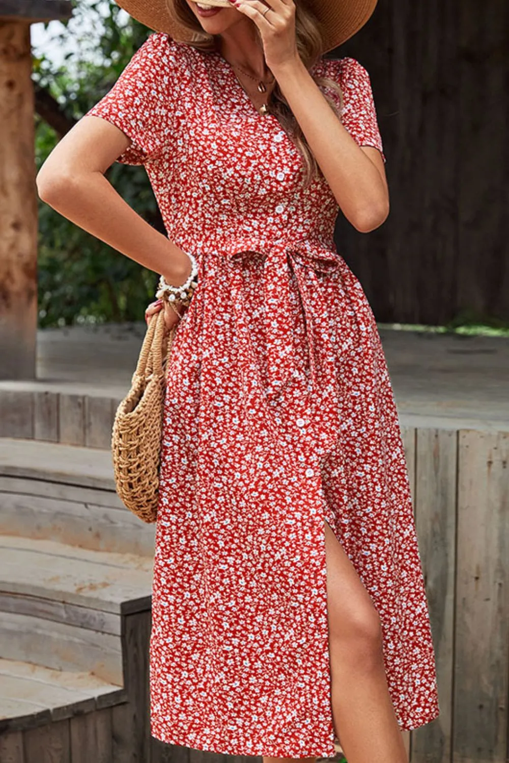 Perfee Ditsy Floral Button Front Tied Puff Sleeve Dress sold by Gigi Laurent product image thumbnail 3
