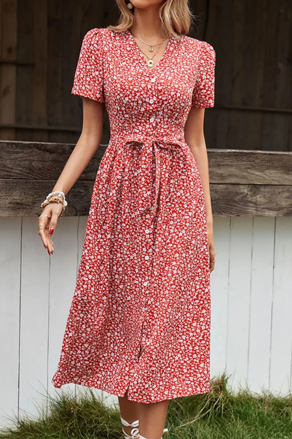 Perfee Ditsy Floral Button Front Tied Puff Sleeve Dress sold by Gigi Laurent