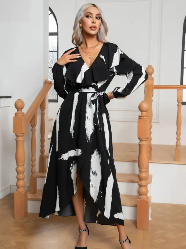 Printed Tie Front Ruffle Trim Long Sleeve Dress sold by Gigi Laurent