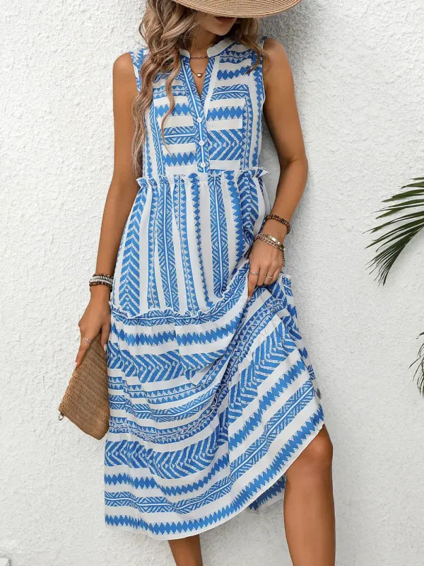 Perfee Frill Printed Notched Sleeveless Dress sold by Gigi Laurent